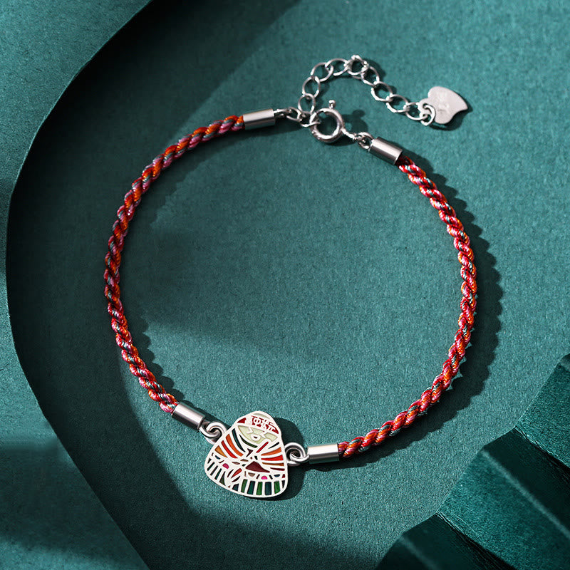 Buddha Stones 925 Sterling Silver Zongzi Pattern Luck Multicolored Handcrafted Bracelet - Red Colorful Rope for Wrist Circumference 14+3.5cm - image 0