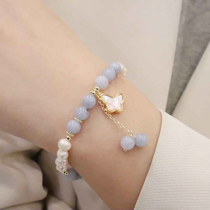 Buddha Stones Natural Aquamarine Pearl Healing Ginkgo Leaf Butterfly Charm Bracelet - image 9