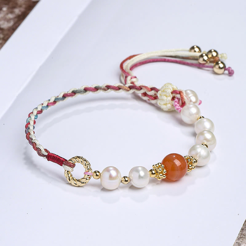 Buddha Stones 14K Gold Plated Natural Pearl Crystal Shell Charm Bead Bracelet - Pearl Red Agate - image 15