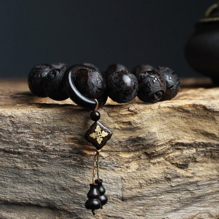 Buddha Stones Ebony Wood Chinese Character Yin Yang Engraved Gourd Balance Bracelet - image 2