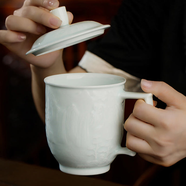 Buddha Stones Jingdezhen White Porcelain Handmade Great Wall Landscape Engraved Ceramic Teacup Office Mug Tea Cups - image 11