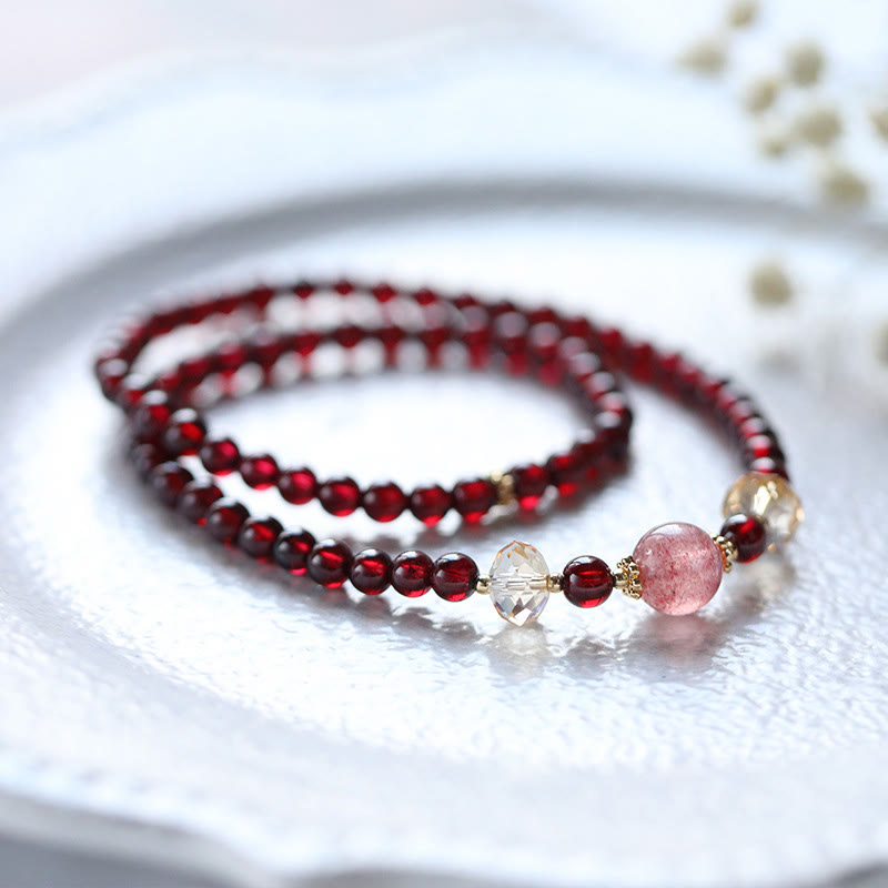 Buddha Stones 14K Gold Plated Natural Garnet Strawberry Quartz Stability Double Wrap Bracelet - image 2