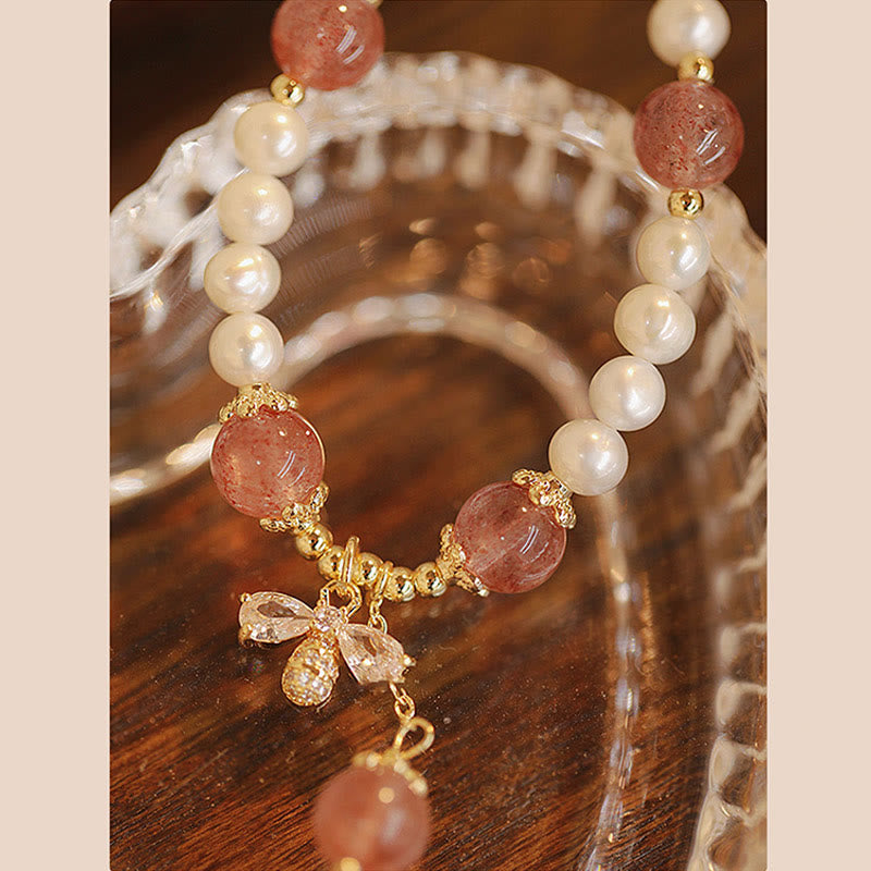 Buddha Stones Natural Pearl Strawberry Quartz Healing Cute Honey Bee Charm Bracelet - image 4
