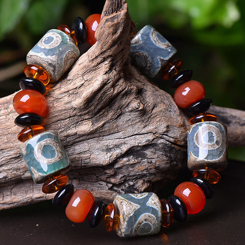 Buddha Stones Tibetan Three-eyed Dzi Bead Agate Protection Happiness Bracelet - image 1