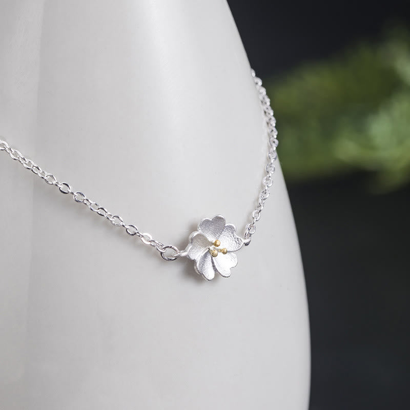 Buddha Stones 925 Sterling Silver Cherry Blossom Blessing Chain Bracelet - image 1