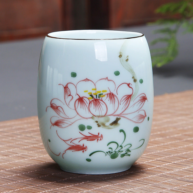Buddha Stones Koi Fish Lotus Landscape Dandelion Peony Flower Ceramic Teacup Kung Fu Tea Cup - Red Lotus 7.8cm*8.1cm*180ml - image 8