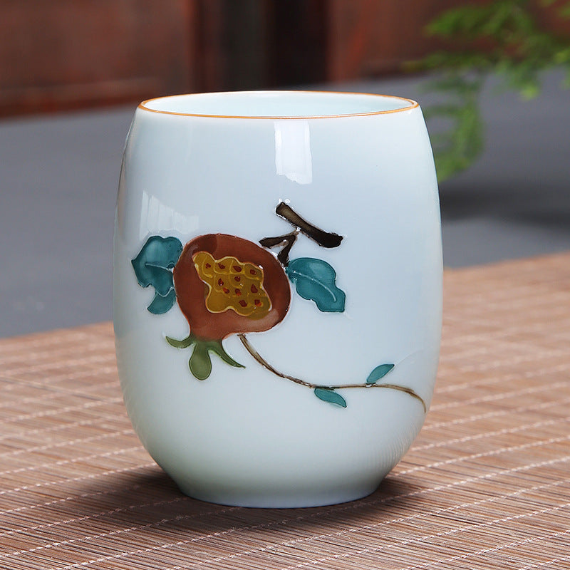 Buddha Stones Koi Fish Lotus Landscape Dandelion Peony Flower Ceramic Teacup Kung Fu Tea Cup - Pomegranate 7.8cm*8.1cm*180ml - image 20
