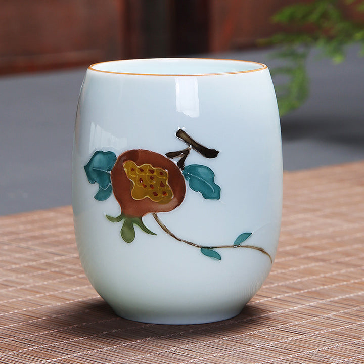 Buddha Stones Koi Fish Lotus Landscape Dandelion Peony Flower Ceramic Teacup Kung Fu Tea Cup - Pomegranate 7.8cm*8.1cm*180ml - image 20