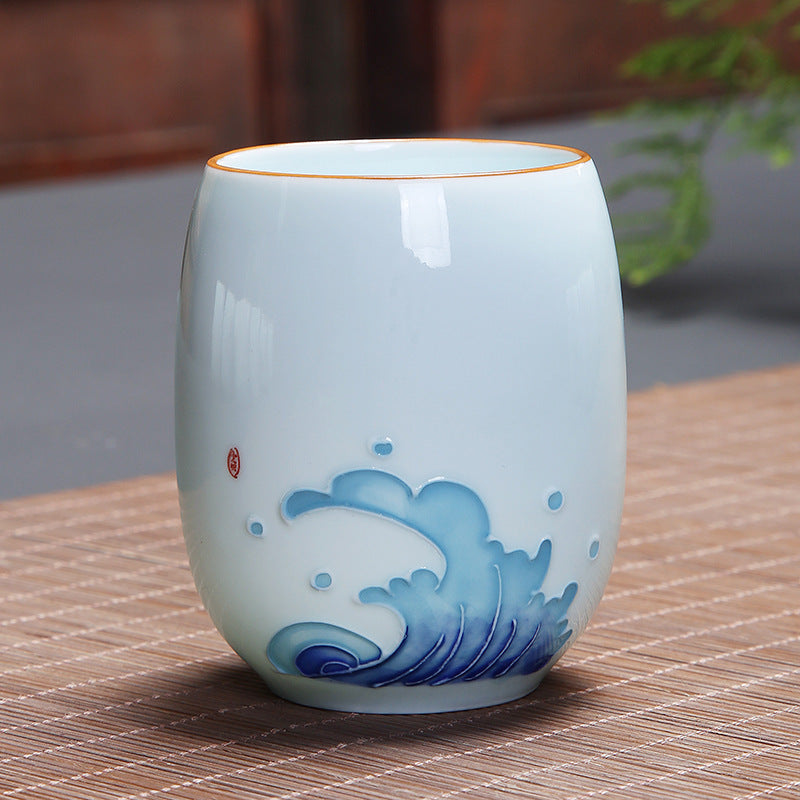 Buddha Stones Koi Fish Lotus Landscape Dandelion Peony Flower Ceramic Teacup Kung Fu Tea Cup - Waves 7.8cm*8.1cm*180ml - image 21