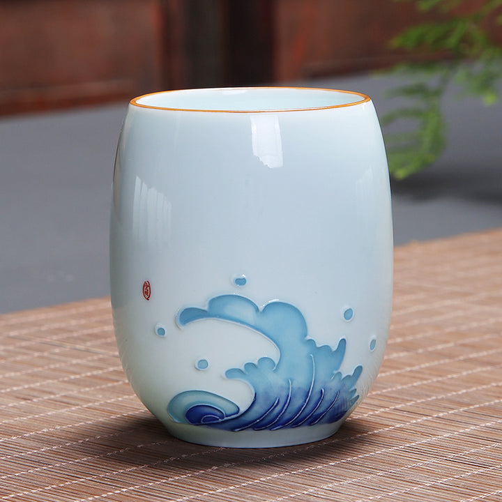 Buddha Stones Koi Fish Lotus Landscape Dandelion Peony Flower Ceramic Teacup Kung Fu Tea Cup - Waves 7.8cm*8.1cm*180ml - image 21