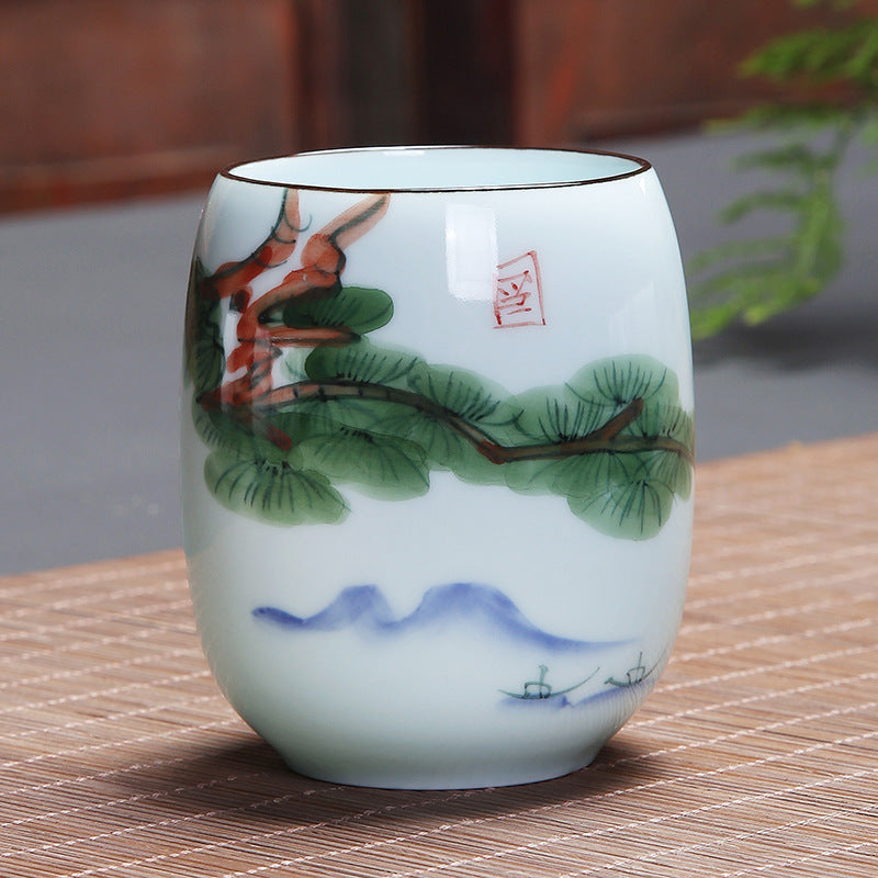 Buddha Stones Koi Fish Lotus Landscape Dandelion Peony Flower Ceramic Teacup Kung Fu Tea Cup - Pine Tree 7.8cm*8.1cm*180ml - image 17