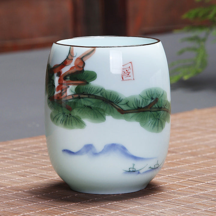 Buddha Stones Koi Fish Lotus Landscape Dandelion Peony Flower Ceramic Teacup Kung Fu Tea Cup - Pine Tree 7.8cm*8.1cm*180ml - image 17