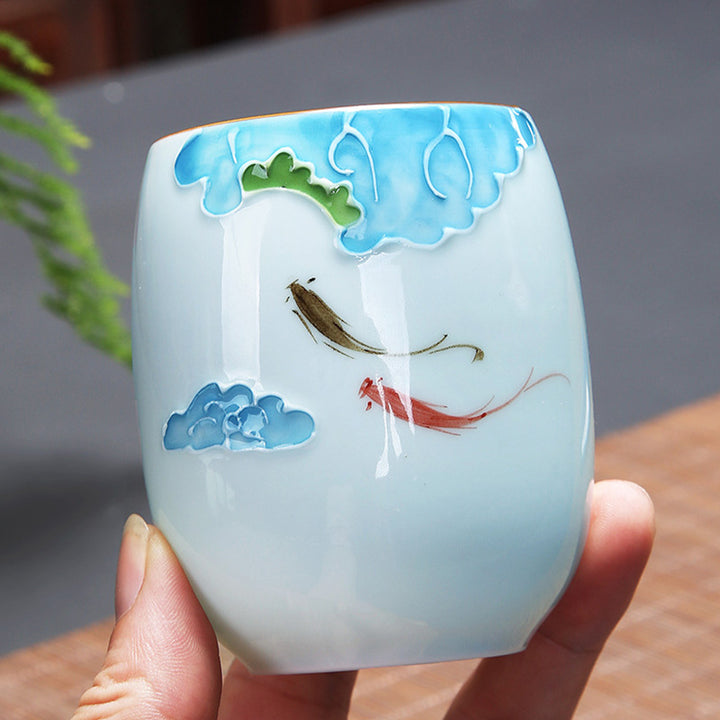 Buddha Stones Koi Fish Lotus Landscape Dandelion Peony Flower Ceramic Teacup Kung Fu Tea Cup - Koi Fish 7.8cm*8.1cm*180ml - image 0