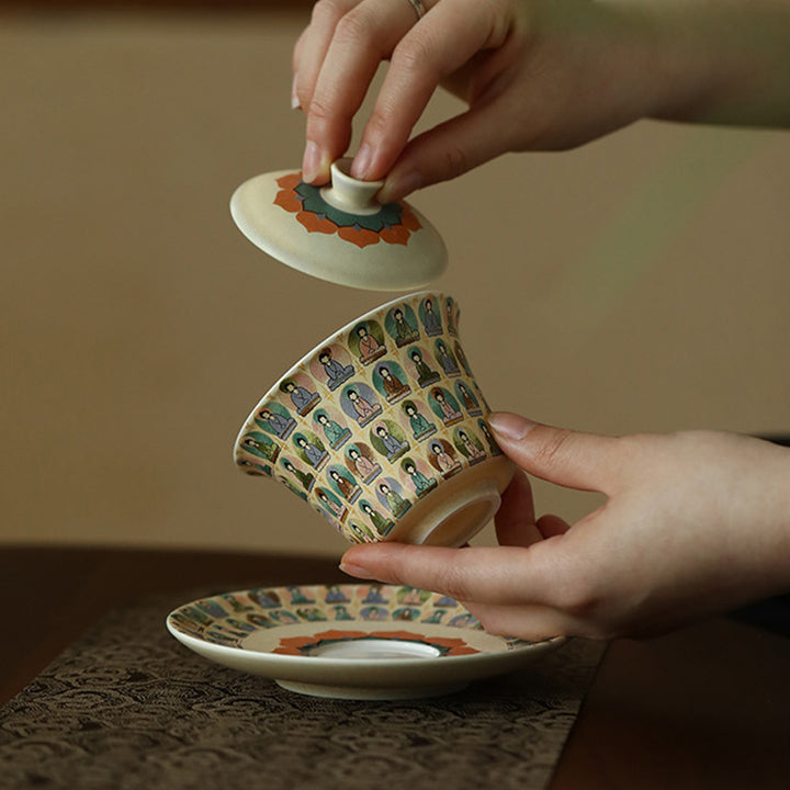 Buddha Stones Dunhuang Color Thousand Buddhas Flying Apsaras Pattern Gaiwan Teacup Kung Fu Tea Cup With Lid - image 3