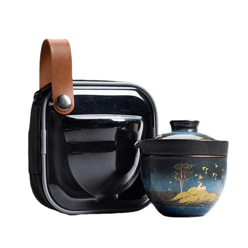 Buddha Stones Ceramic Teacup Deer Mountain Trees Lovely Cat Black Tea Cup With Lid and Bag - image 10