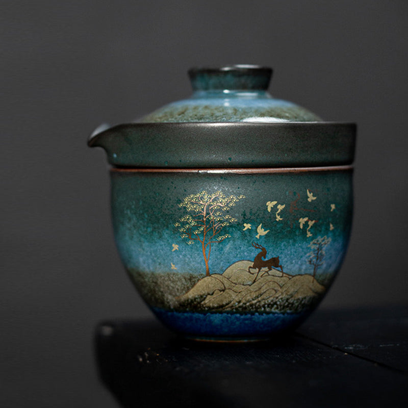 Buddha Stones Ceramic Teacup Deer Mountain Trees Lovely Cat Black Tea Cup With Lid and Bag - image 4