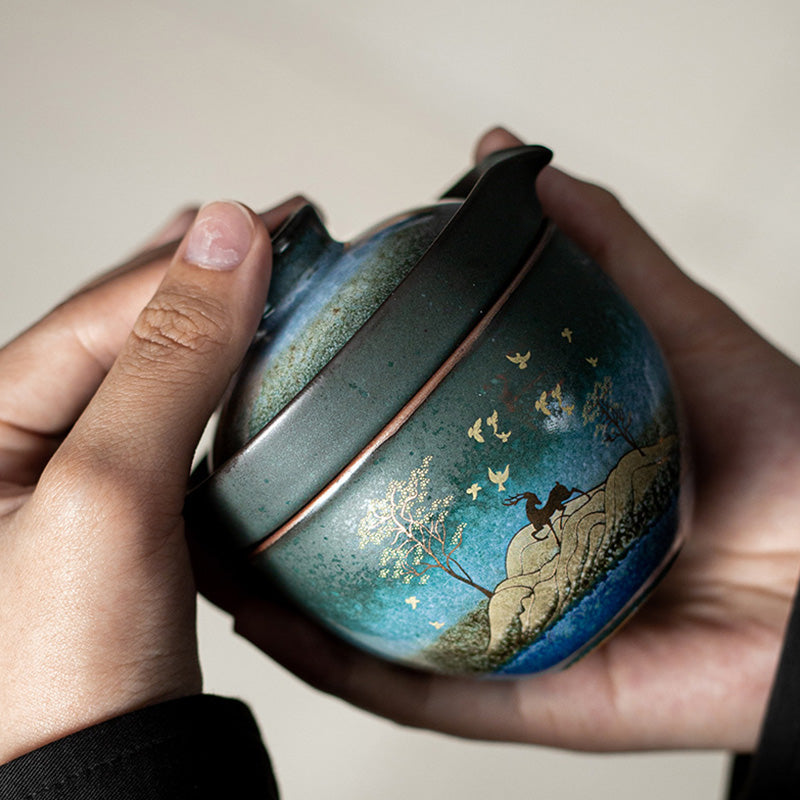 Buddha Stones Ceramic Teacup Deer Mountain Trees Lovely Cat Black Tea Cup With Lid and Bag - image 8