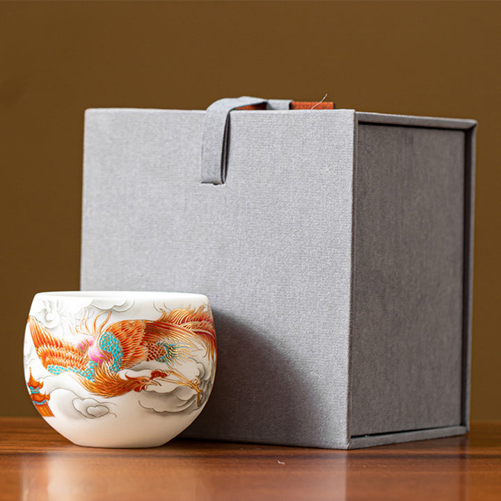 Buddha Stones Dragon Phoenix Auspicious Clouds Ceramic Teacup Kung Fu Tea Cup With Gift Box - Red Phoenix 6.5cm*5.5cm*130ml(Gift Box) - image 11