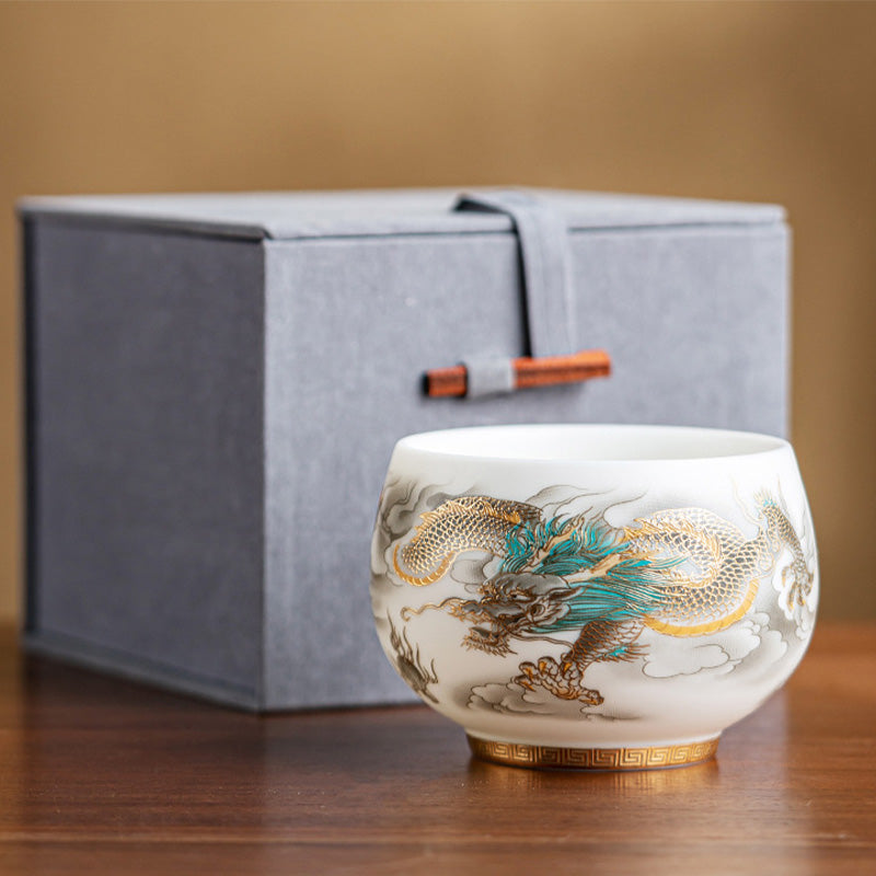 Buddha Stones Dragon Phoenix Auspicious Clouds Ceramic Teacup Kung Fu Tea Cup With Gift Box - Golden Dragon 7.8cm*6cm*175ml(Gift Box) - image 12