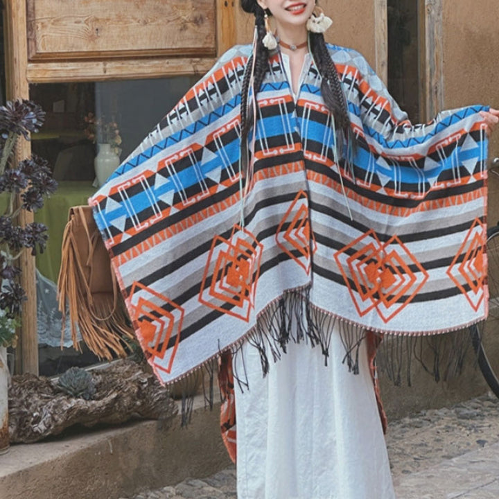 Buddha Stones Tibetan Shawl Striped Geometric Pattern Winter Cozy Travel Tassel Scarf Wrap - image 1