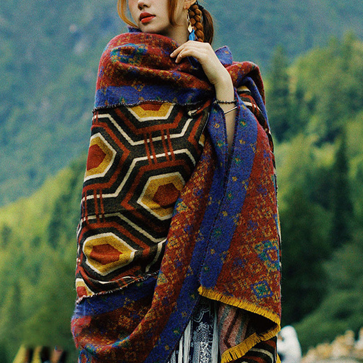 Buddha Stones Tibetan Shawl Brown Blue Red Geometric Shapes Pattern Winter Cozy Travel Scarf Wrap - image 3