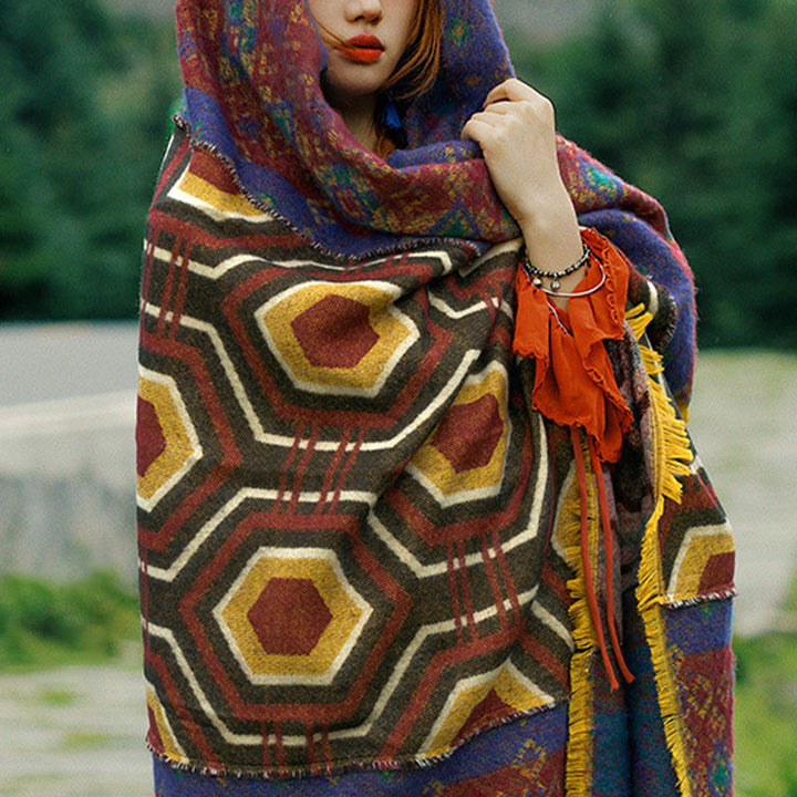 Buddha Stones Tibetan Shawl Brown Blue Red Geometric Shapes Pattern Winter Cozy Travel Scarf Wrap - image 5