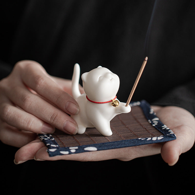 Buddha Stones Mini Lucky Cat Kitten Tea Pet Ceramic Home Desk Figurine Decoration With Bamboo Mat - image 3