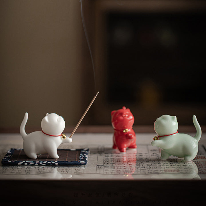 Buddha Stones Mini Lucky Cat Kitten Tea Pet Ceramic Home Desk Figurine Decoration With Bamboo Mat - image 1