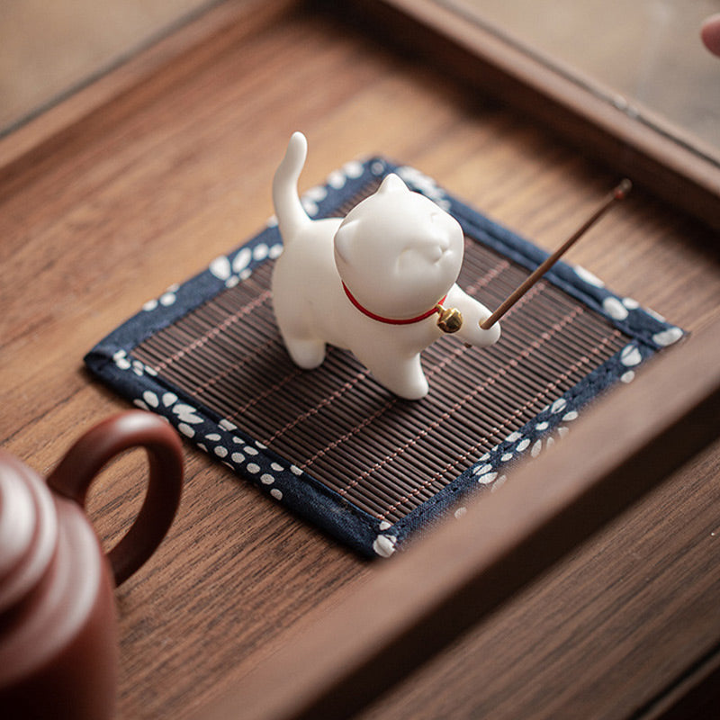 Buddha Stones Mini Lucky Cat Kitten Tea Pet Ceramic Home Desk Figurine Decoration With Bamboo Mat - image 4