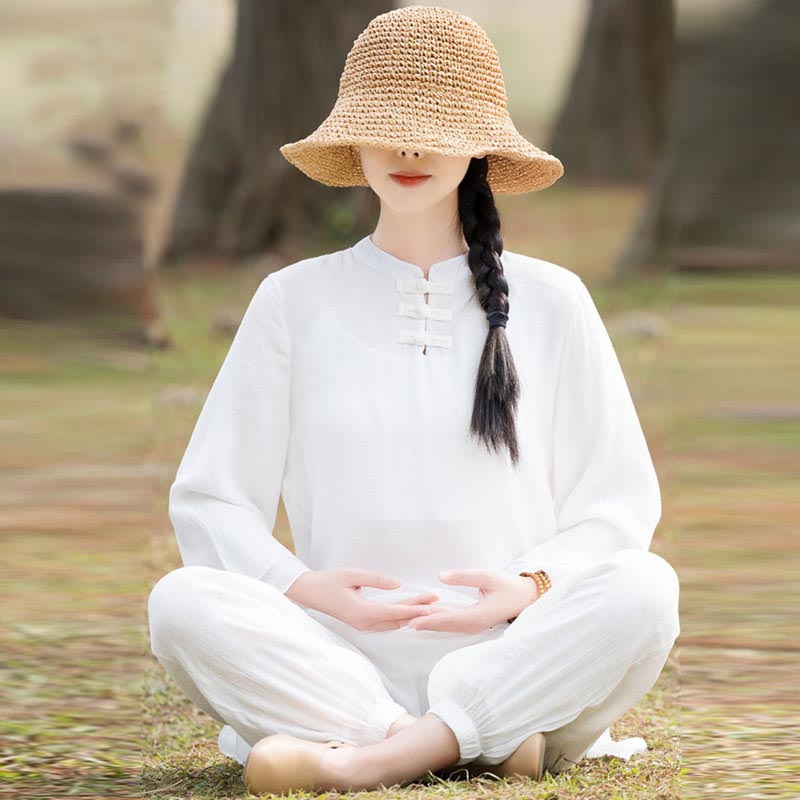 Buddha Stones 2Pcs Plain Design Top Pants Meditation Yoga Zen Tai Chi Cotton Linen Clothing Women's Set - White Front Chinese Frog Button(Top&Pants) - US8-10,UK/AU12-14,EU40-42 (2XL) - image 16