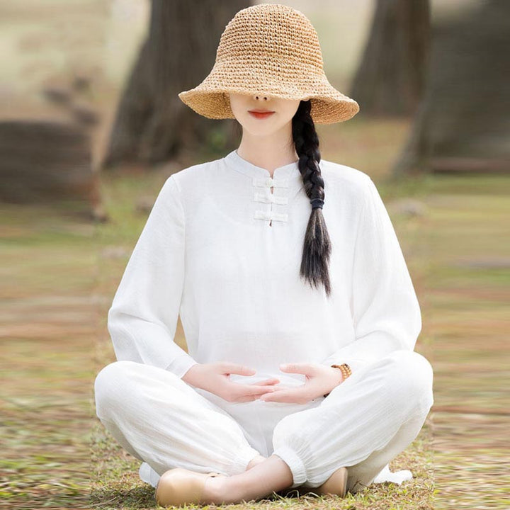 Buddha Stones 2Pcs Plain Design Top Pants Meditation Yoga Zen Tai Chi Cotton Linen Clothing Women's Set - White Front Chinese Frog Button(Top&Pants) - US8-10,UK/AU12-14,EU40-42 (2XL) - image 16