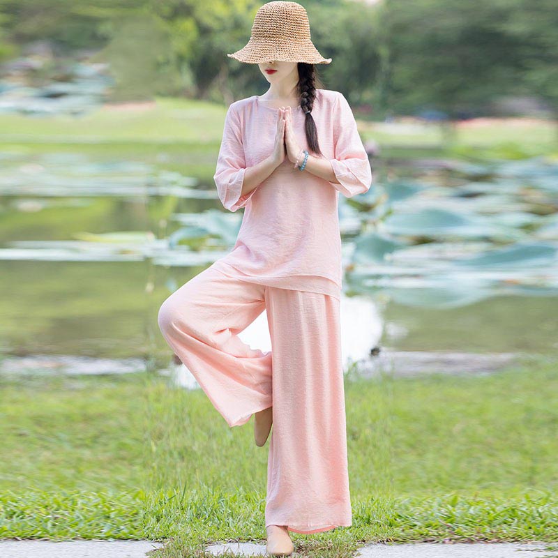 Buddha Stones 2Pcs Plain Design Top Pants Meditation Yoga Zen Tai Chi Cotton Linen Clothing Women's Set - Pink(Top&Pants) - US8-10,UK/AU12-14,EU40-42 (2XL) - image 23