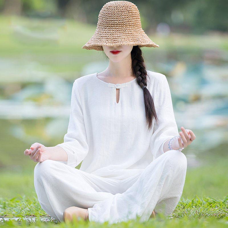 Buddha Stones 2Pcs Plain Design Top Pants Meditation Yoga Zen Tai Chi Cotton Linen Clothing Women's Set - White(Top&Pants) - US8-10,UK/AU12-14,EU40-42 (2XL) - image 24