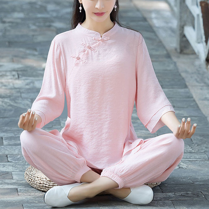 Buddha Stones 2Pcs Plain Design Top Pants Meditation Yoga Zen Tai Chi Cotton Linen Clothing Women's Set - Pink Chinese Frog Button(Top&Pants) - US8-10,UK/AU12-14,EU40-42 (2XL) - image 26