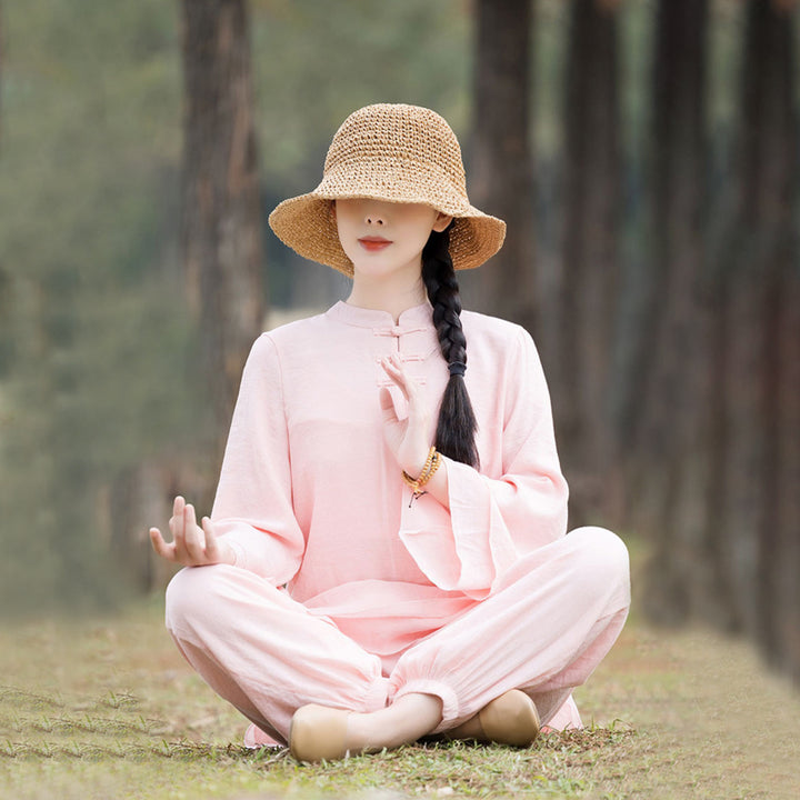 Buddha Stones 2Pcs Plain Design Top Pants Meditation Yoga Zen Tai Chi Cotton Linen Clothing Women's Set - Pink Front Chinese Frog Button(Top&Pants) - US8-10,UK/AU12-14,EU40-42 (2XL) - image 0
