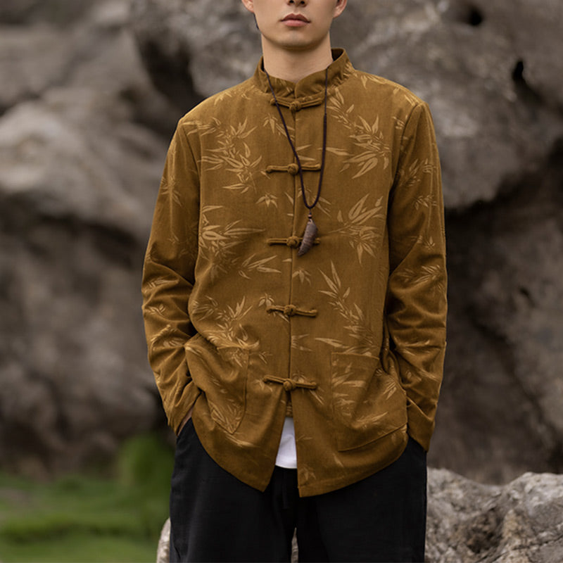 Buddha Stones Bamboo Leaves Clothing Chinese Tang Suit Jacket Coat Men Clothing - Yellow(Top Only) - US/UK/AU46,EU56 (5XL)  - image 0