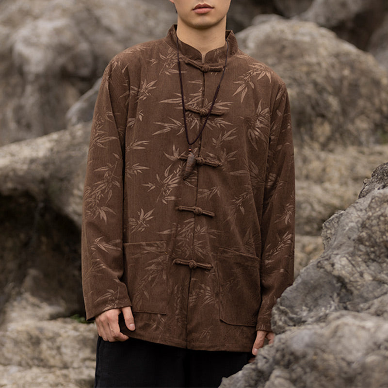 Buddha Stones Bamboo Leaves Clothing Chinese Tang Suit Jacket Coat Men Clothing - Brown(Top Only) - US/UK/AU46,EU56 (5XL)  - image 10