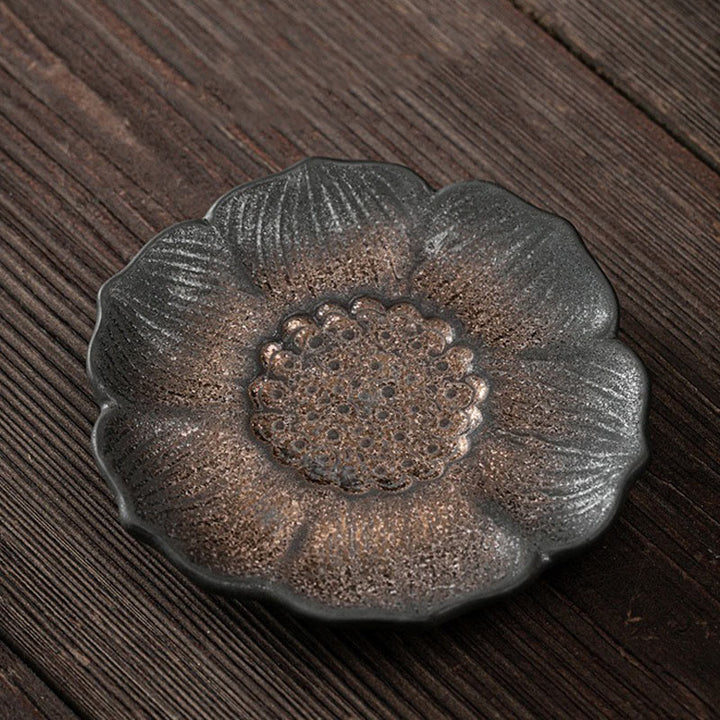 Buddha Stones Vintage Lotus Flower Ceramic Cup Mat Pad Tea Cup Coaster Kung Fu Tea Mat - Brown 9.8*1.7cm - image 1