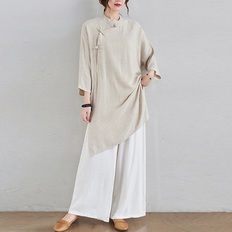 Buddha Stones 2Pcs Plain Design Zen Tai Chi Meditation Clothing Cotton Linen Top Pants Women's Set - Beige Top&White Pants - US12,UK/AU16,EU44 (2XL) - image 0