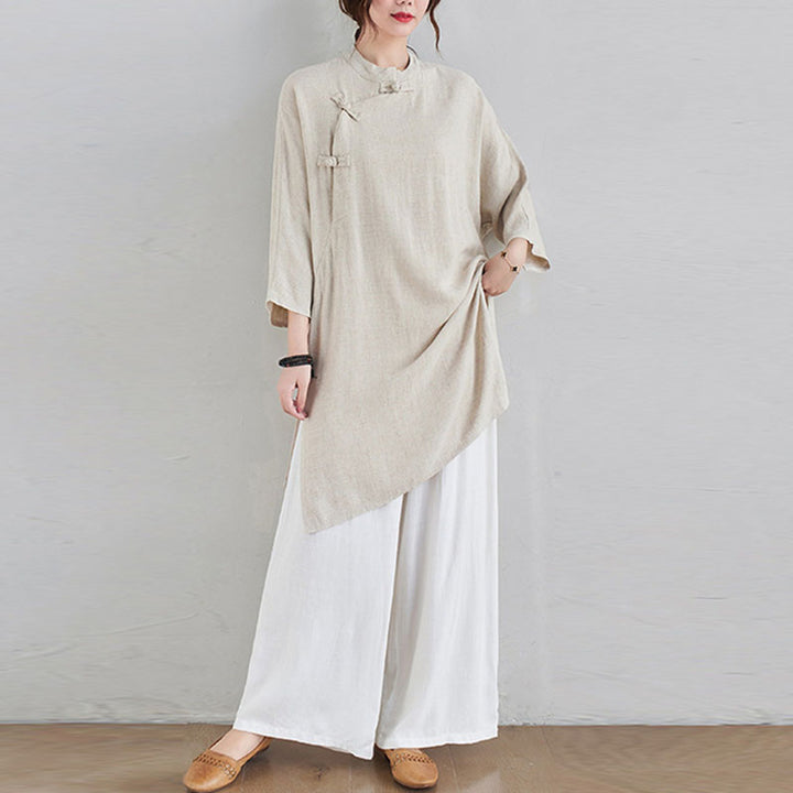 Buddha Stones 2Pcs Plain Design Zen Tai Chi Meditation Clothing Cotton Linen Top Pants Women's Set - Beige Top&White Pants - US12,UK/AU16,EU44 (2XL) - image 0