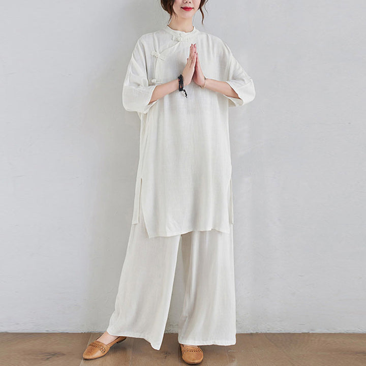 Buddha Stones 2Pcs Plain Design Zen Tai Chi Meditation Clothing Cotton Linen Top Pants Women's Set - image 15