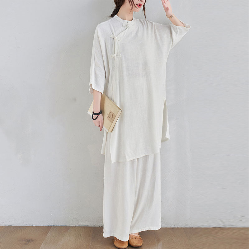 Buddha Stones 2Pcs Plain Design Zen Tai Chi Meditation Clothing Cotton Linen Top Pants Women's Set - image 16