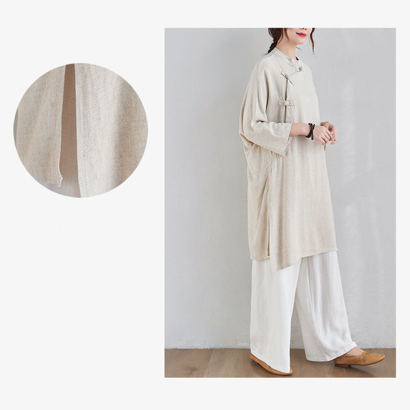 Buddha Stones 2Pcs Plain Design Zen Tai Chi Meditation Clothing Cotton Linen Top Pants Women's Set - image 10