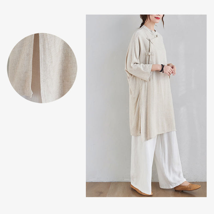 Buddha Stones 2Pcs Plain Design Zen Tai Chi Meditation Clothing Cotton Linen Top Pants Women's Set - image 10