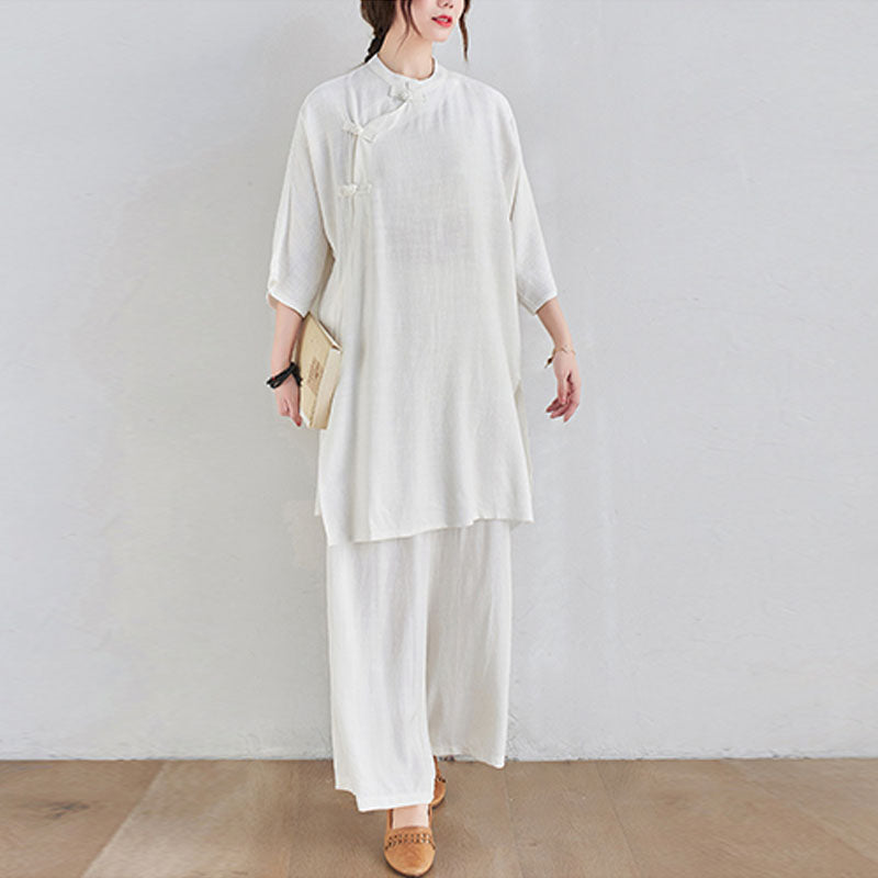 Buddha Stones 2Pcs Plain Design Zen Tai Chi Meditation Clothing Cotton Linen Top Pants Women's Set - image 17