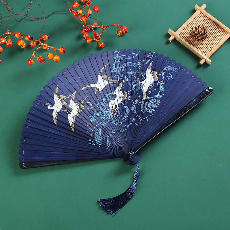 Buddha Stones Vintage Cloud Crane Maple Leaf Pattern Handheld Bamboo Folding Fan - Crane Blue 18.5cm - image 1