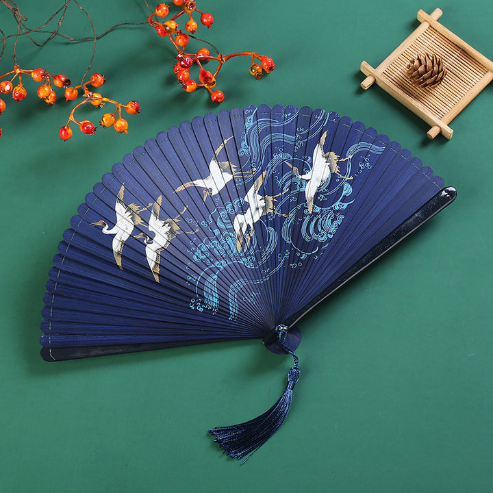 Buddha Stones Vintage Cloud Crane Maple Leaf Pattern Handheld Bamboo Folding Fan - Crane Blue 18.5cm - image 1