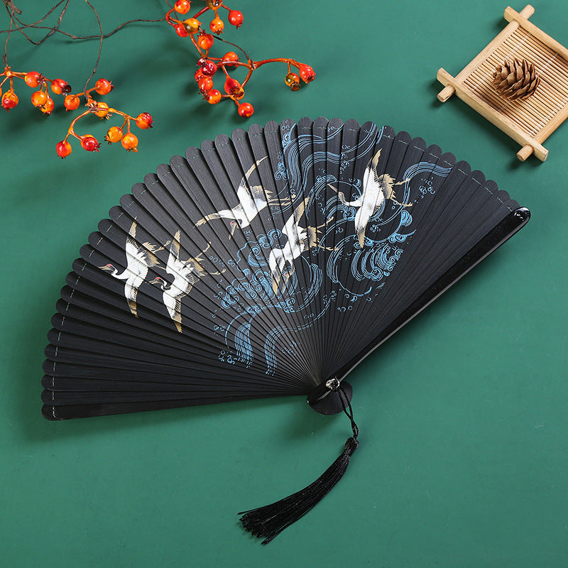 Buddha Stones Vintage Cloud Crane Maple Leaf Pattern Handheld Bamboo Folding Fan - Crane Black 18.5cm - image 2