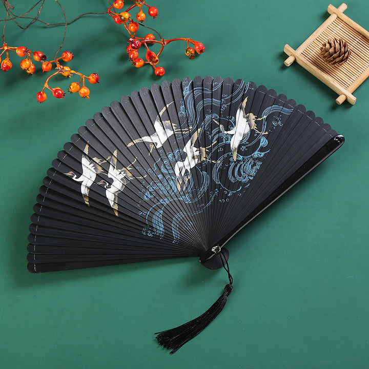 Buddha Stones Vintage Cloud Crane Maple Leaf Pattern Handheld Bamboo Folding Fan - Crane Black 18.5cm - image 2