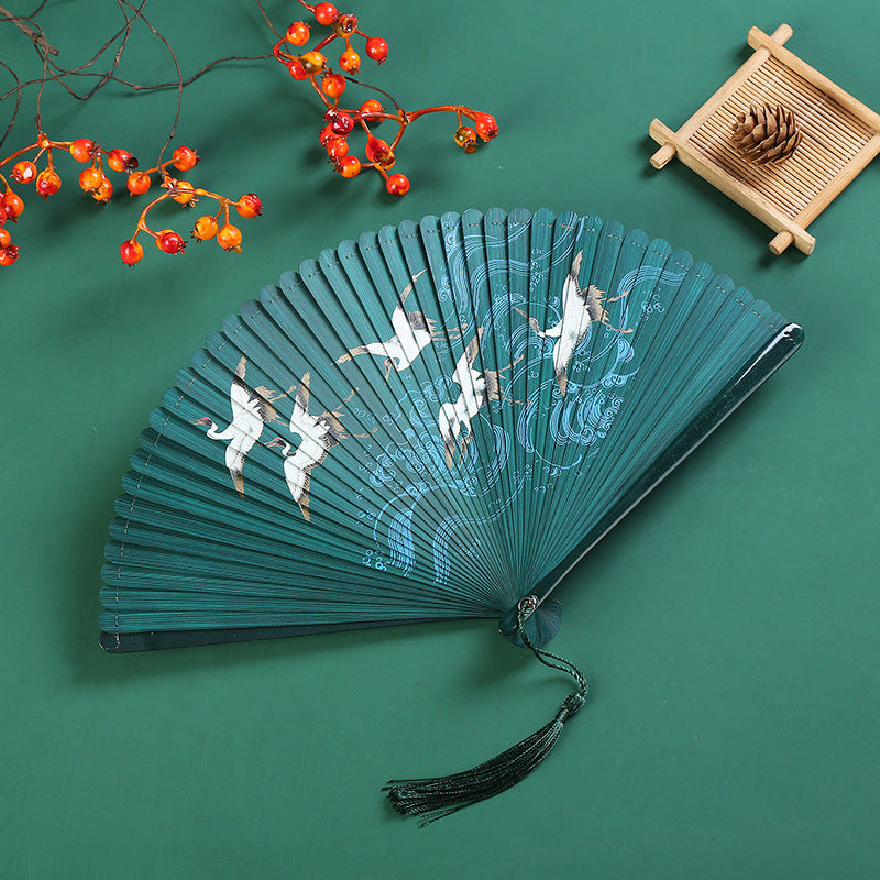 Buddha Stones Vintage Cloud Crane Maple Leaf Pattern Handheld Bamboo Folding Fan - Crane Green 18.5cm - image 3